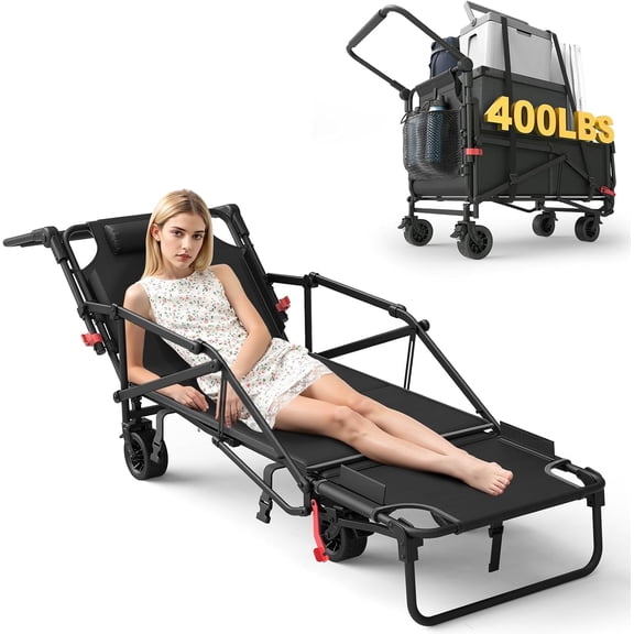 Heavy Duty Folding Wagon - 2-in-1 Collapsible Cart, 400lb Capacity, All-Terrain Wheels w/Brakes & Side Pockets