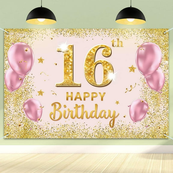 Happy 16th Birthday Backdrop Banner - 16 Birthday Party Decorations Supplies for Girls - Gold Pink