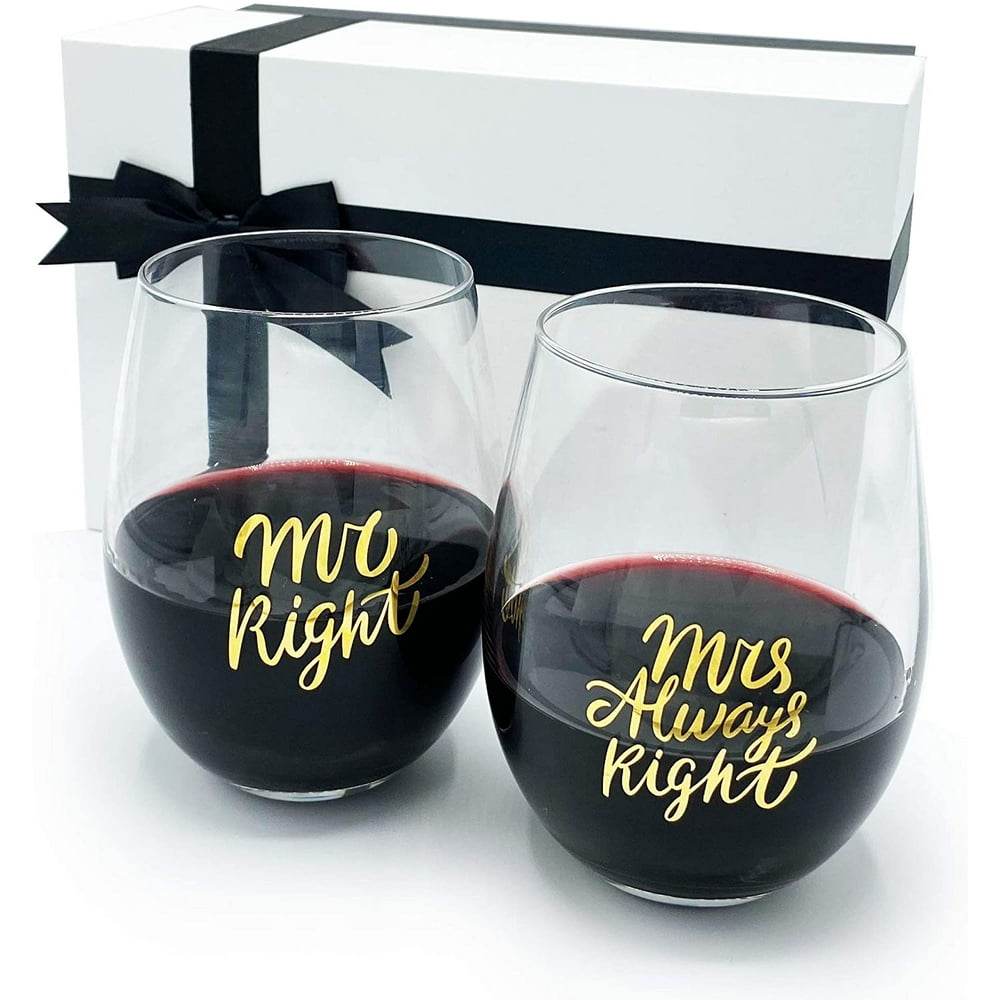 Triple Gifffted Mr and Mrs Wine Glasses Gifts For Couples, Wedding