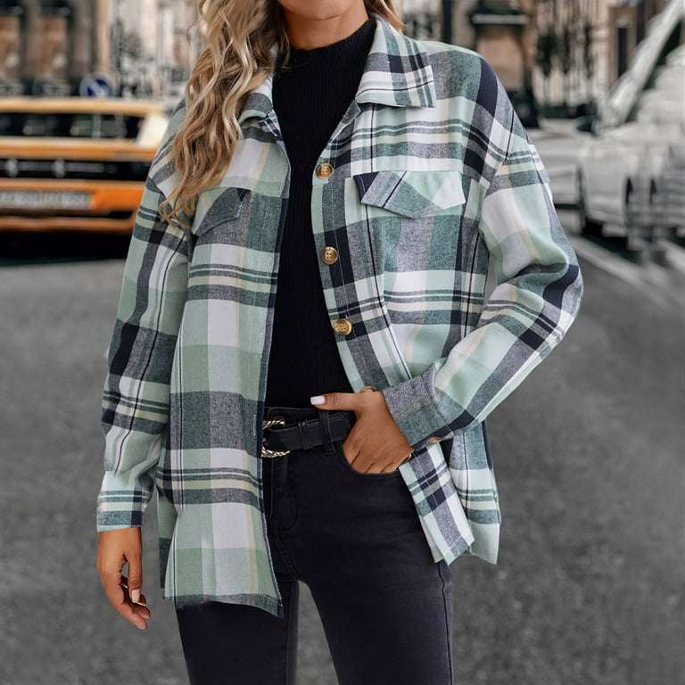 Goodeals Reduced,Flannel Plaid Shacket for Women Long Sleeve