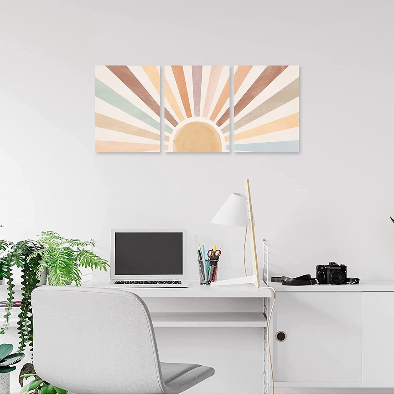 Boho Sun Wall Art Set of 3 Framed Canvas Wall Art Rainbow Sun Rising on the Horizon Geometric Nature Illustrations Line Art Wall Mid-Century Modern Prints Boho Wall Decor 12"x16" Watercolor