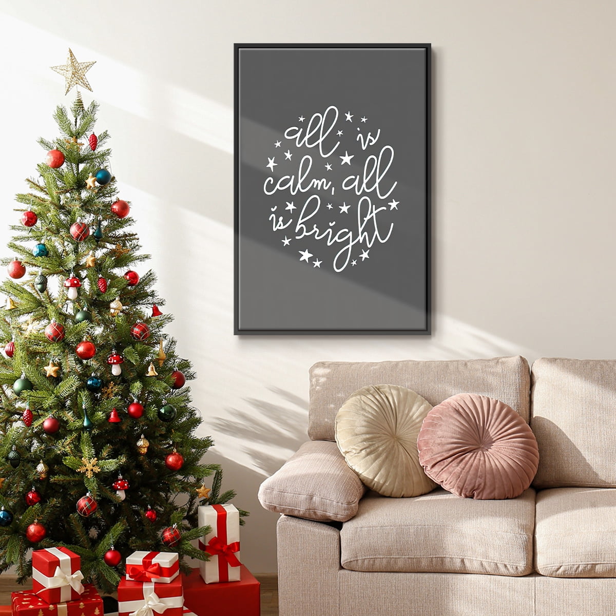 All is Calm, All is Bright - Dark Gray - Framed Gallery Wrapped Holiday Canvas - 17 x 25 - Black Frame