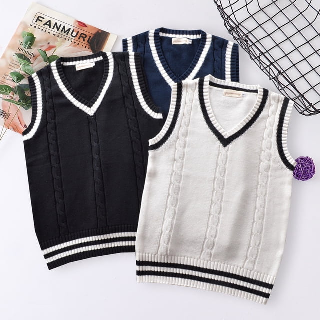 Suéter de uniforme escolar estilo universitario con cuello en V para hombres y mujeres, chaleco de color torcido, suéter de uniforme escolar