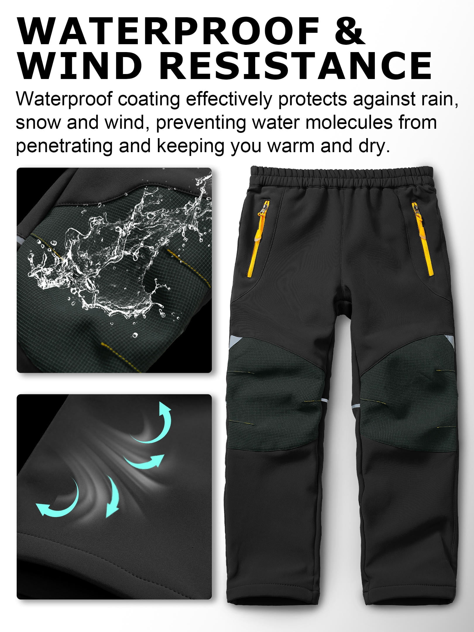 POENTAB Kids Boys Hiking Snow Ski Pants Fleece Lined Softshell Waterproof Warm Insulated Trousers with Zipper Pockets Black Size 11-13