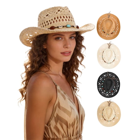 Deago Straw Cowboy Hat for Women and Men Western Cowgirl Hat with Shapeable Wide Brim Hollow Out Summer Beach Sun Hats (Coffee)