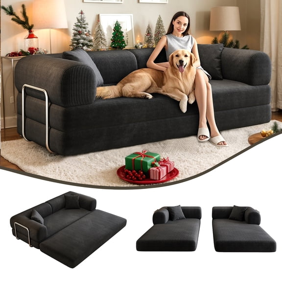 Eyisean 78.8" Corduroy Convertible Sofa Bed with Stainless Fixed-Shape Frame, 4-in-1 Boneless Loveseat with Pull-Out Bed, Lounge Futon Sofa Couch Floor Mattress for Living Room, No Assembly Required