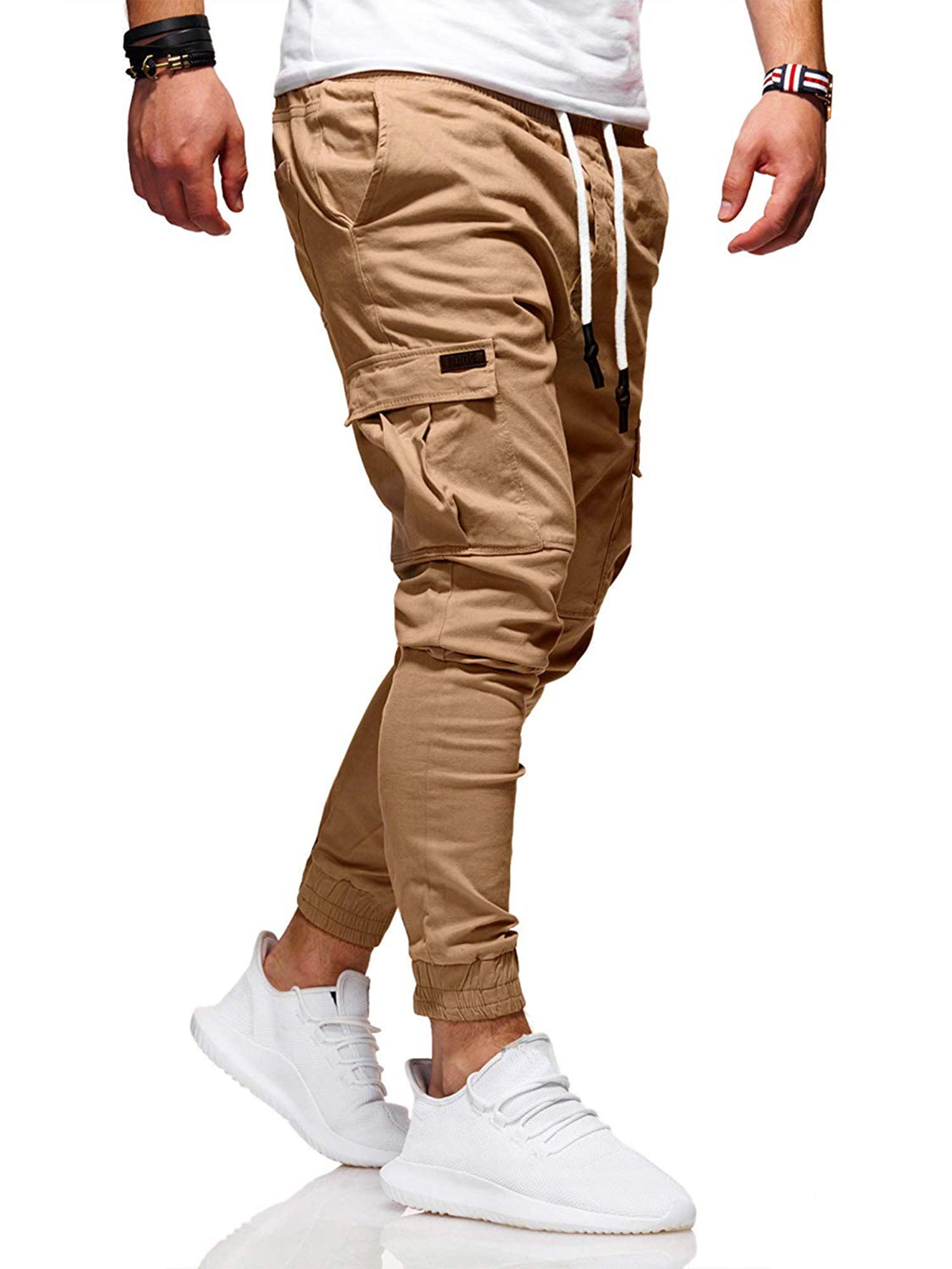 JSPOYOU Men's Outdoor Casual Loose Multi Pocket Cargo Pants Solid Military Athletic-Fit Trousers with Drawstring A 