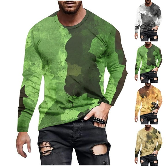 Jinhomg Mens Camouflage Shirts Big and Tall Comfy Long Sleeve Crew Neck Blouses Slim Fit Spring Outdoor Athletic Tops Sportswear Today's Green L