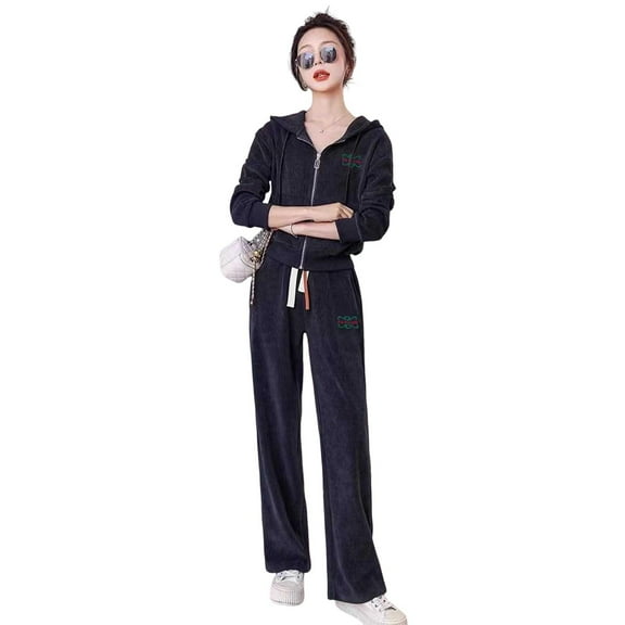 Spring Sportwear 2-piece Women's Hooded Jacket Wide-leg Trousers Set Daily Wear Outfit for Spring Sportswear