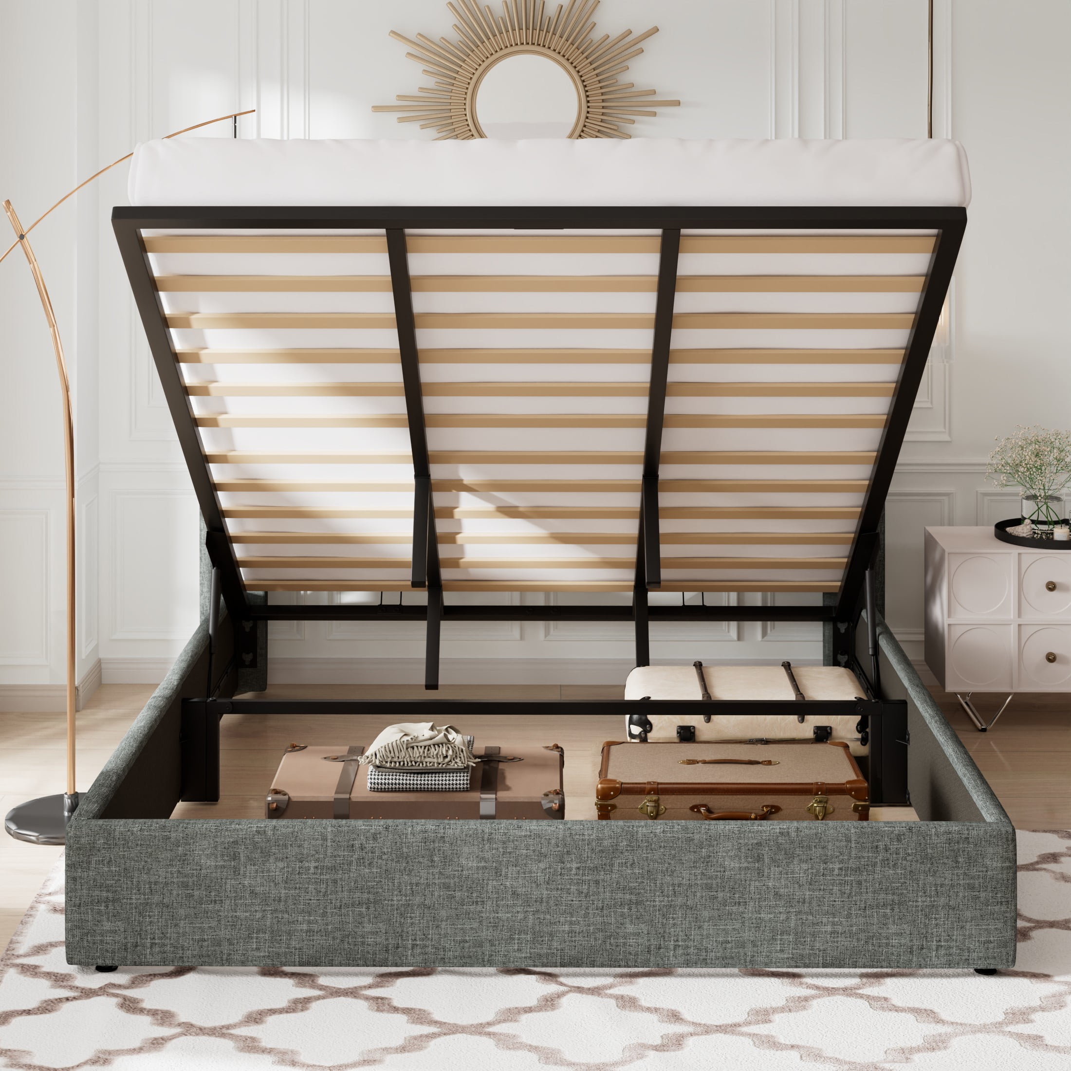 Allewie King Size Lift Up Platform Storage Bed Frame with Channel Wingback Headboard, Dark Grey