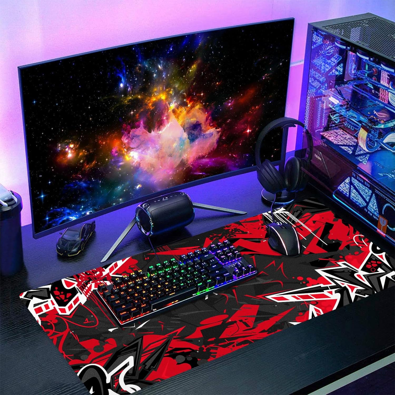 Black Red Gaming Mouse Pad XXL Abstract Graffiti Geometric Cool Extended Big Large Desk Mat Non-Slip Rubber Base Stitched Edge Long Keyboard Mousepad for PC Computer Laptop,35.4×15.7 in