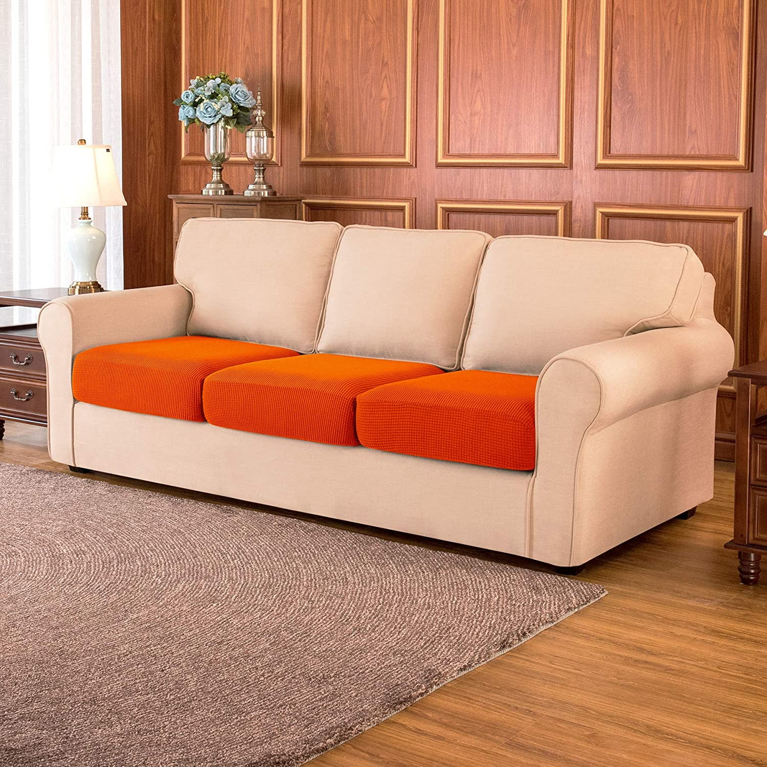 Subrtex Cushion Covers Separate Seat Stretch Textured Grid (3PCS, Orange)