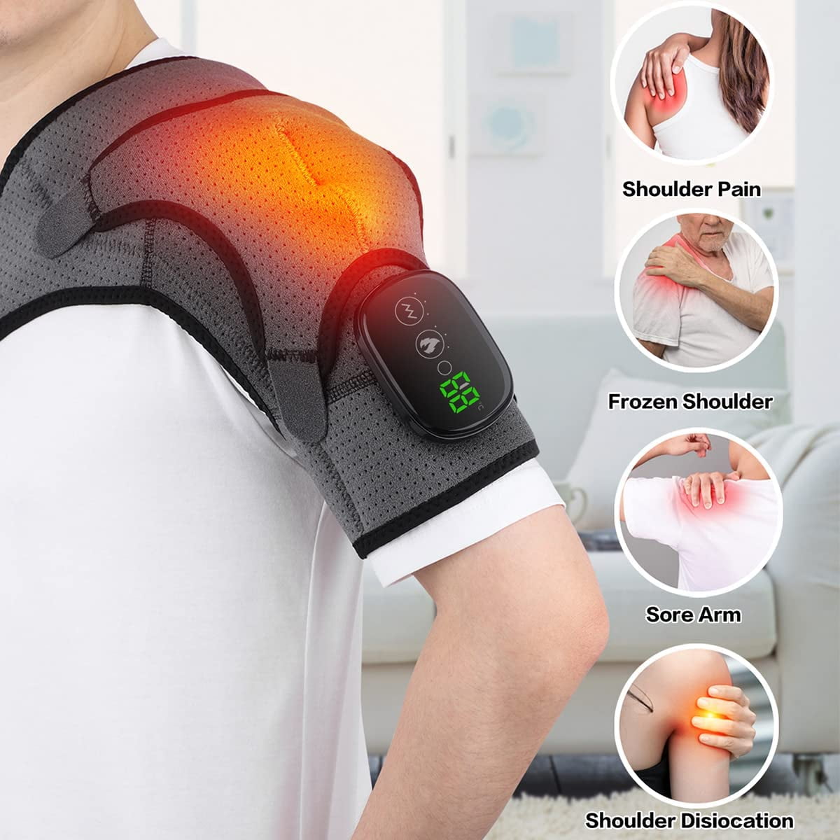 SUWU Massaging Heated Shoulder Wrap, Cordless Rechargeable Heating Pad, Adjustable Braces with 3 Heat Settings