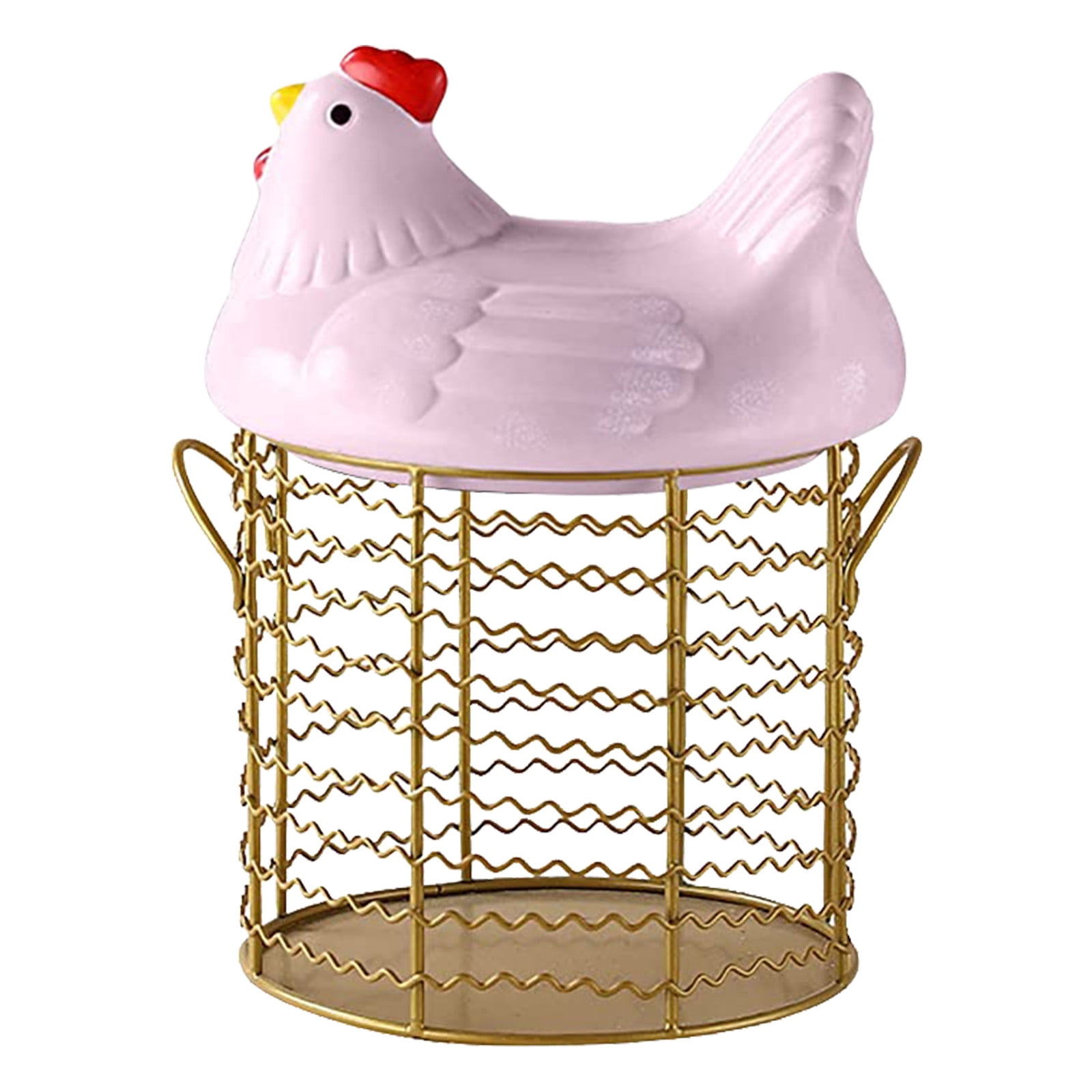 Wozhilaka Storage Box Colorful Design Eggs Basket Ceramic Chicken Shaped Lid Round Wire Basket Bottom Handle Metal Wire Eggs Storage Basket with Ceramic Farm Chicken Cover Farmer Style