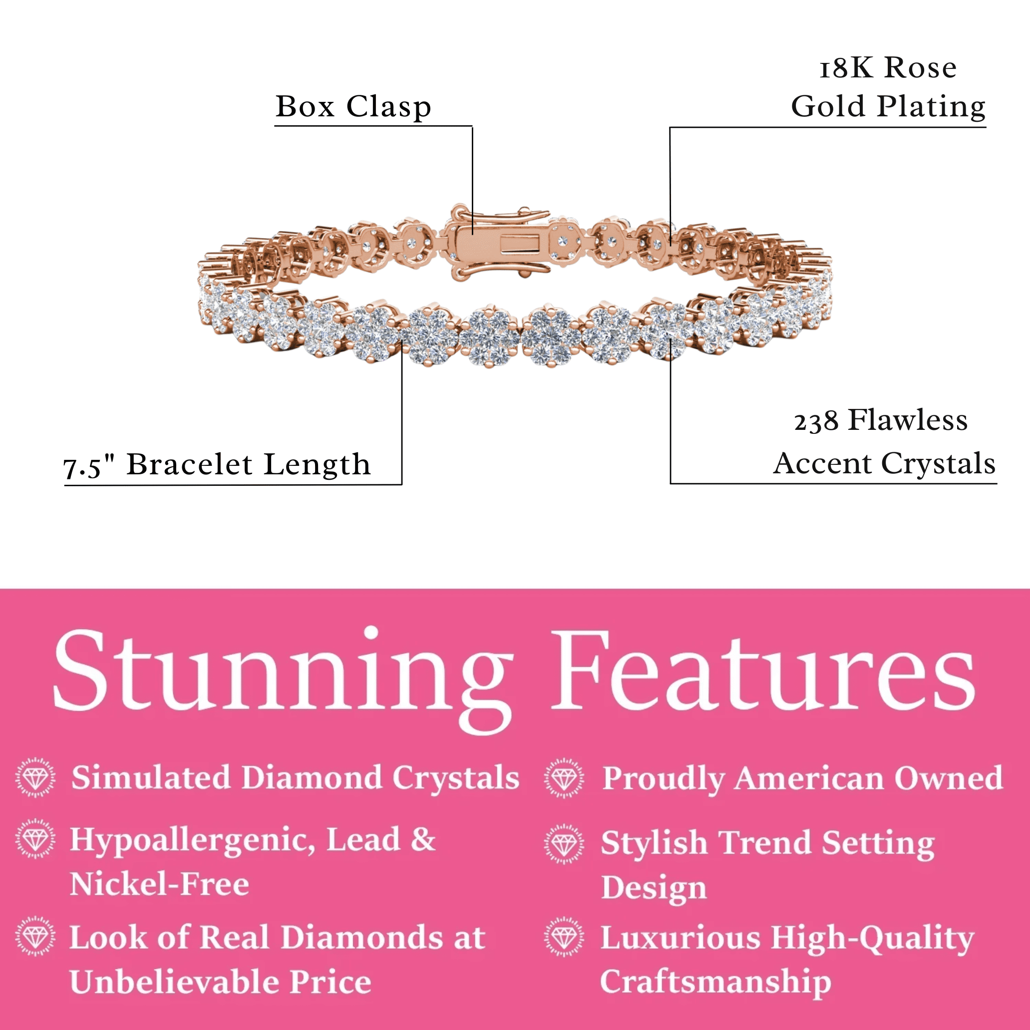 Cate & Chloe Ally 18k Rose Gold Plated Tennis Bracelet with Simulated Diamonds Gift for Women