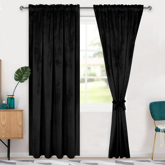 Hiasan Luxury Velvet Curtain with Tiebacks-Blackout Curtains for Bedroom/Living Room, Black, Rod Pocket, 52" x 84", Set of 2