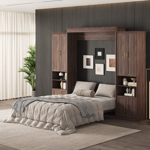 Rophefx Queen Murphy Bed, with Storage Shelves, Wall Bed Cabinet, Foldable Platform Beds, Hidden Bedframe for Bedroom, Guest Room,Walnut