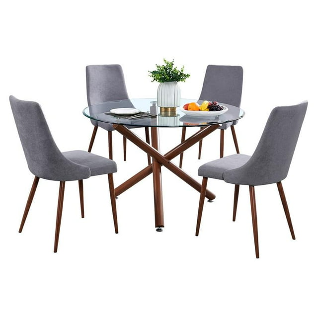 5pc Circular Clear Glass Dining Table Set with Gray Fabric Chairs
