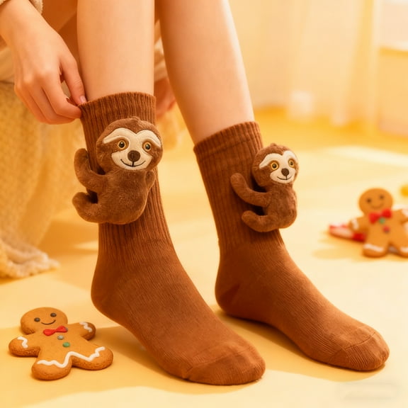 3D Knit Animal Sloth Socks - Women’s Cozy Plush Hug Crew Socks, 2025 Christmas Cute Novelty Floor Socks