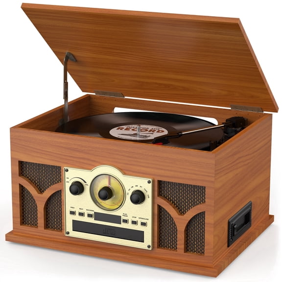 RetroAudio 10-in-1 Turntable with 3-Speed Record Player, Bluetooth, CD, Cassette Tape, AM/FM Radio,Usb, Built-in Speakers,Mahogany