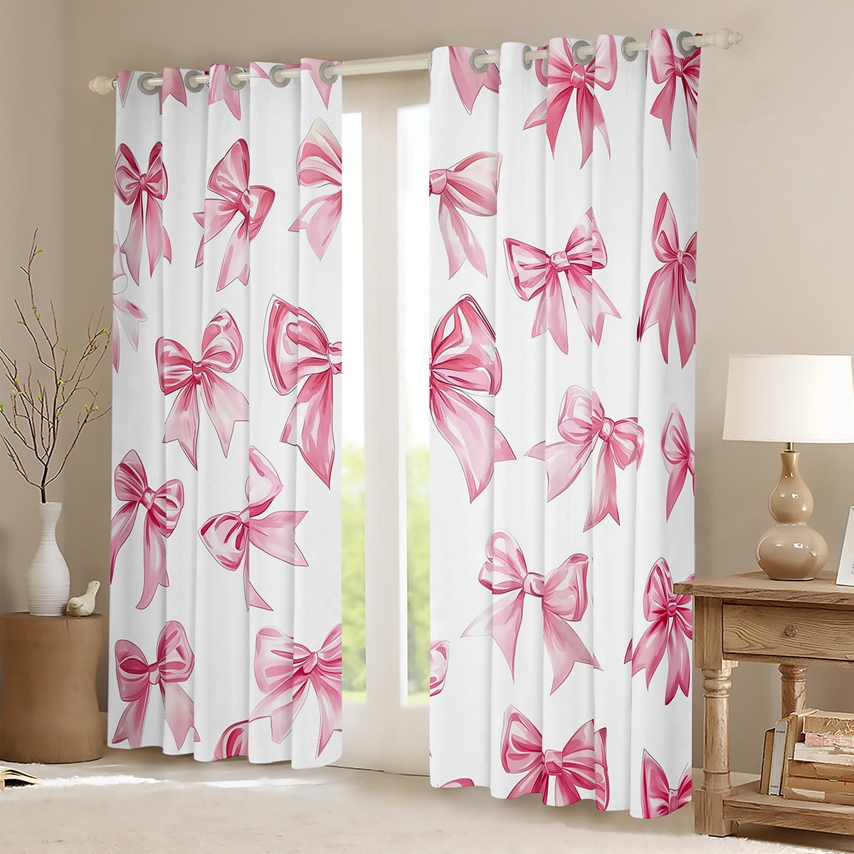 Kawaii Bowknot Curtains & Drapes Dreamy Princess Style 30%-50% Blackout Curtains 42"Wx84"L Teen Women,Girly Cute Bow Window Curtains Pink Bow Tie Window Treatments 2 Panels