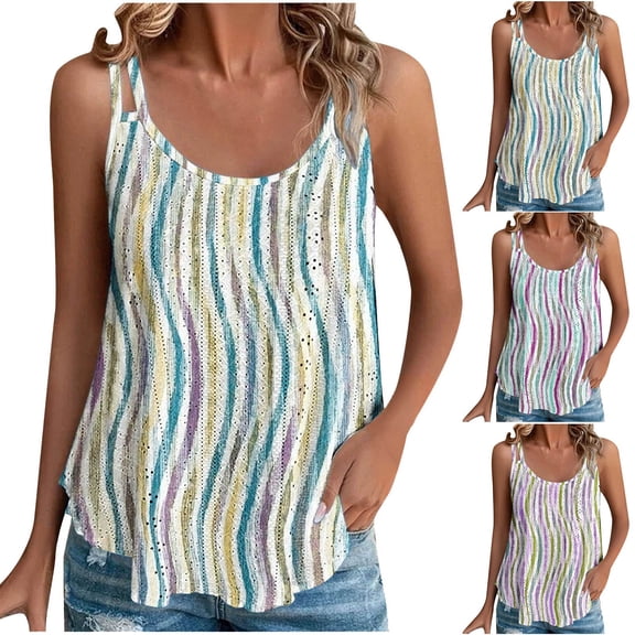 YHAJDS Women Sleeveless Casual Shirts Floral Print Round Neck Smocked Tank Top Spaghetti Strap For Spring Fashion