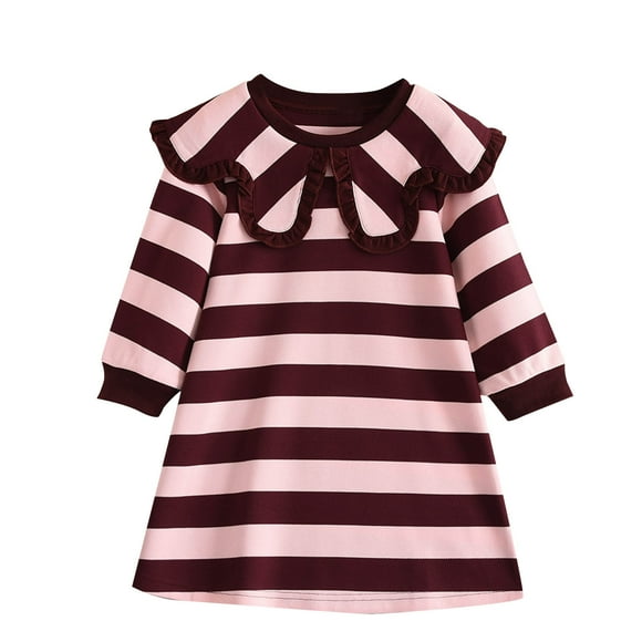 Tranfacy Girls Fall Dresses,Long Sleeve Casual Dress,Girls Long Sleeve Dress Large Lapel Lace Korean Style Striped Dress for Kids 2-8 Years Fall Outfit