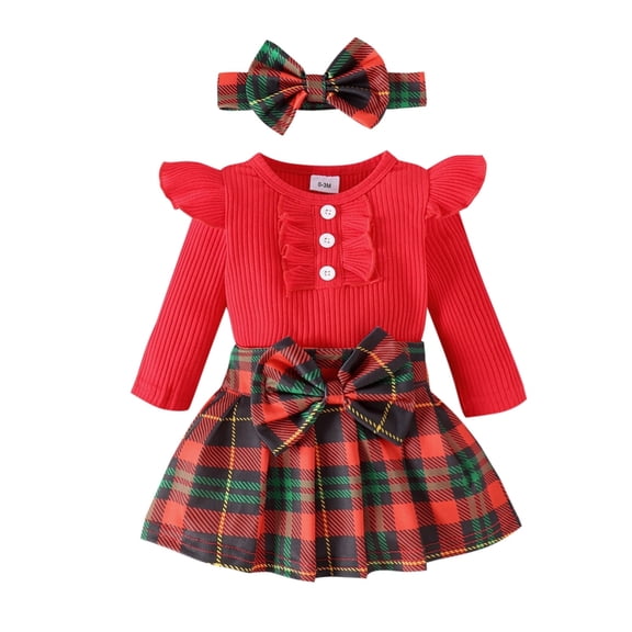 GYRATEDREAM Baby Girl Fall Winter Outfit Ruffle Long Sleeve Knit Romper Plaid Skirt with Headband Cute Newborn Clothes