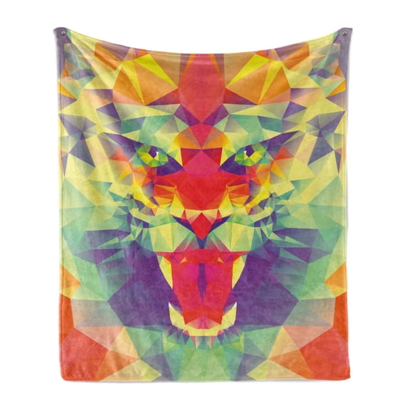 Safari Soft Flannel Fleece Throw Blanket, Polygonal Lion Face with Geometric Shades and Effects Exotic King of Jungle Theme, Cozy Plush for Indoor and Outdoor Use, 60" x 80", Multicolor, by Ambesonne