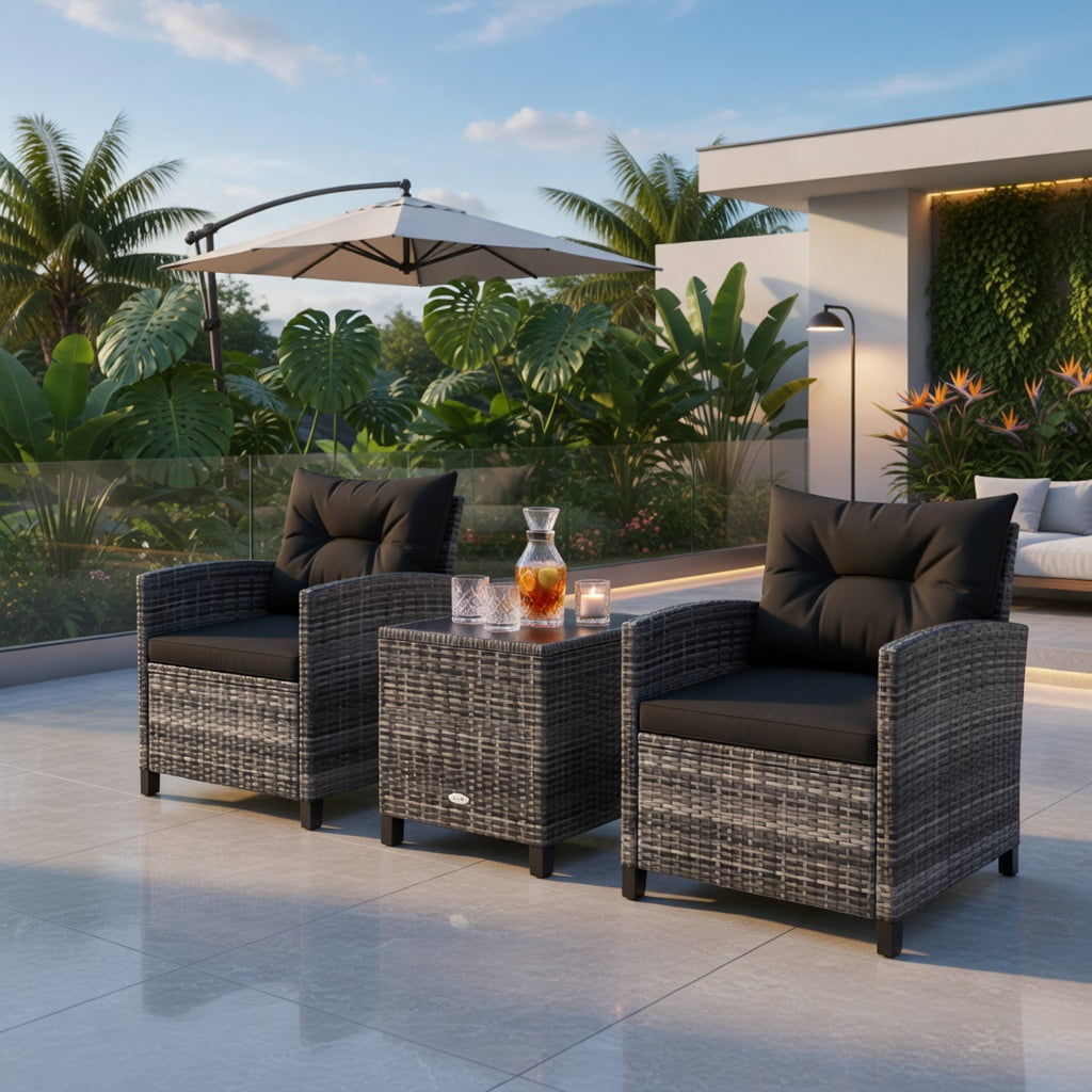 Hommoo 3-Piece Modern Outdoor Wicker Conversation Set, Steel Frame, Tempered Glass Table & Weather-Resistant Cushions, Black