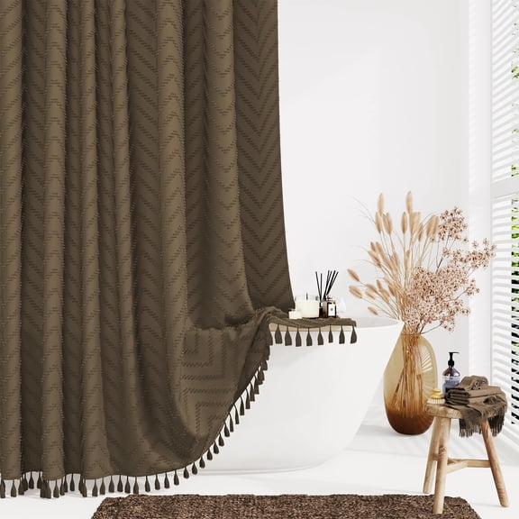 Dynamene Boho Farmhouse Shower Curtain, Brown Fabric Tufted Chevron Striped Textured Tassel Shower Curtains for Bathroom, Shabby Chic Waterproof Cloth Shower Curtain Set with Hooks, 72x72