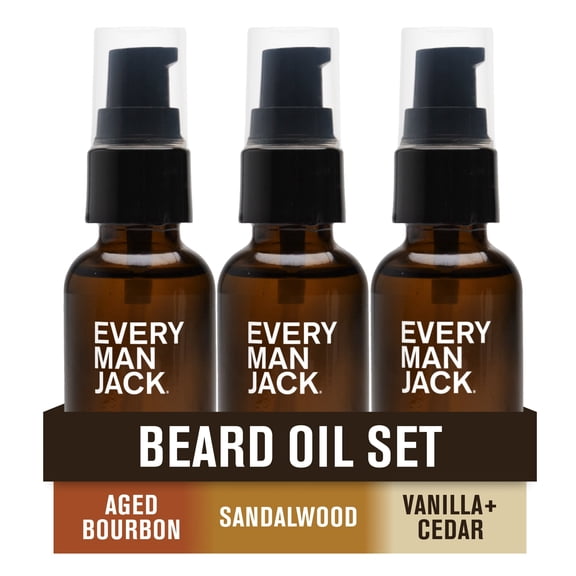 Every Man Jack Mens Beard Oil Variety Pack - 1 Each of Sandalwood, Vanilla   Cedar, and Aged Bourbon - Softens Your Beard & Adds a Natural Shine - Naturally Derived w/Shea Butter - 1 fl oz (3 Pack)
