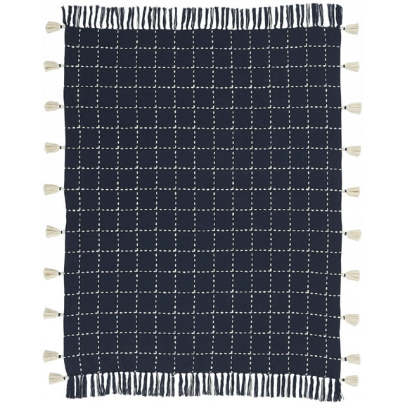 Navy and White Stitched Square Pattern Cotton Throw Blanket