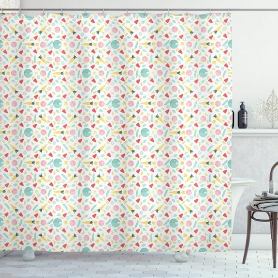 Colorful Shower Curtain, Healthy Vegetarian Food Pattern with Vegetables and Fruit Modern Artistic Style, Fabric Bathroom Set with Hooks, 69W X 84L Inches Extra Long, Multicolor, by Ambesonne
