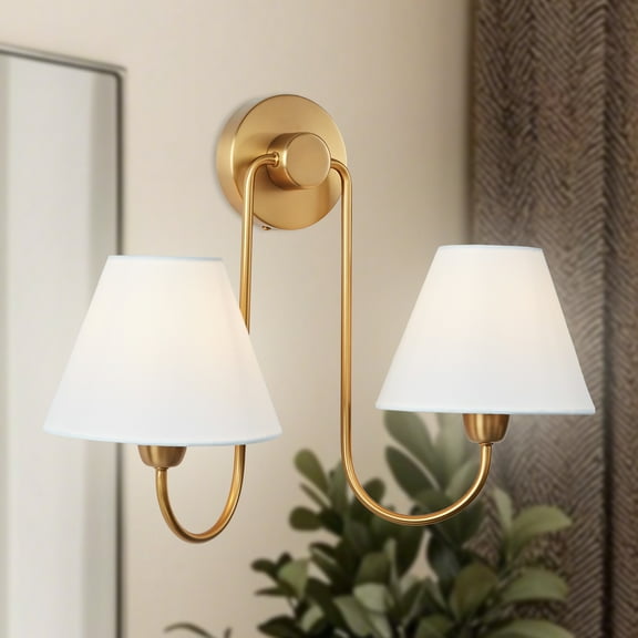 Natural Conical White Linen Shade Antique Brass Double Sconce, Classic Design Wall Light, Mid-century Wall Lamp for Hallway, Entryway, Kitchen, Bedroom, Living Room