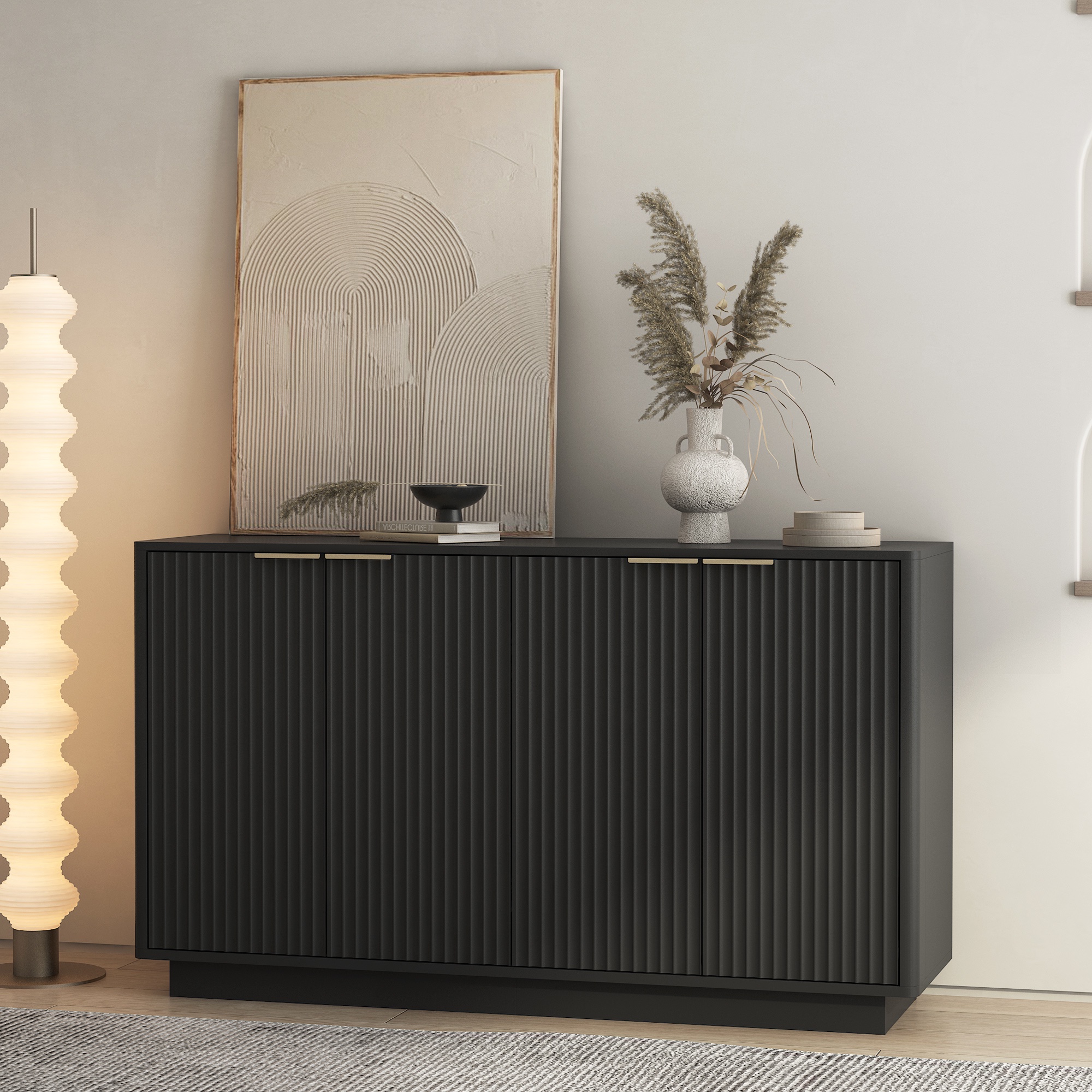 PORKISS 55.1" Fluted Sideboard, Modern Wood Buffet Cabinet with Storage, Accent Cabinet with Adjustable Shelves for Dining Room, Living Room & Entryway, Black
