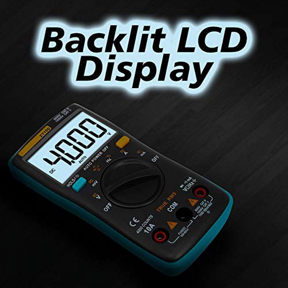 Auto-Ranging Digital Multimeter with 4000 Counts and Backlit LCD Display, Measures AC/DC Voltage and Current, Resistance, Capacitance, Frequency, Duty Cycle, Diode, Continuity