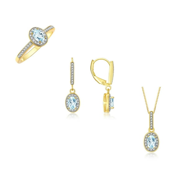 RYLOS Yellow Gold Plated Silver Halo Designer Set: Ring, Earrings & Necklace. Gemstone & Diamonds, 6X4MM Aquamarine March Birthstone; Size 5
