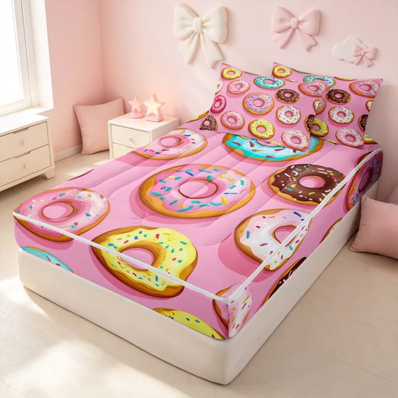 Erosebridal Kawaii Donut Zipper Twin Comforter Sets with Fitted Sheet and 2 Pillowcases for Girls, Cartoon Dessert Zipper Bedding Set, Pink Reversible