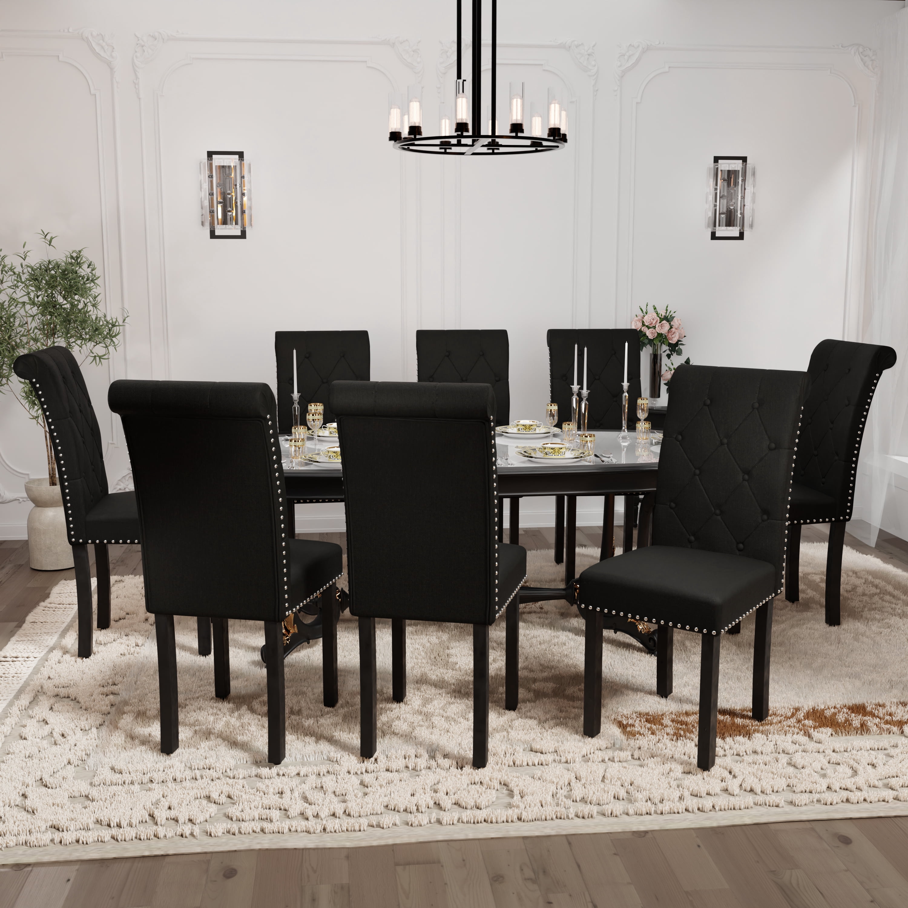 DONICK Rolled-Up High-Back Upholstered Dining Chairs With Tufted Solid Wood Legs Nailhead Trim For Home,Restaurant,Dining Room(Black,Set of 2)