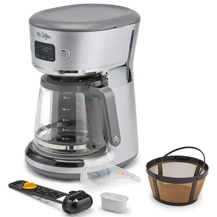 Open Box Mr. Coffee Easy Measure 12 Cup Programmable Maker with Gold Tone Reusable Filter, Silver/Chrome