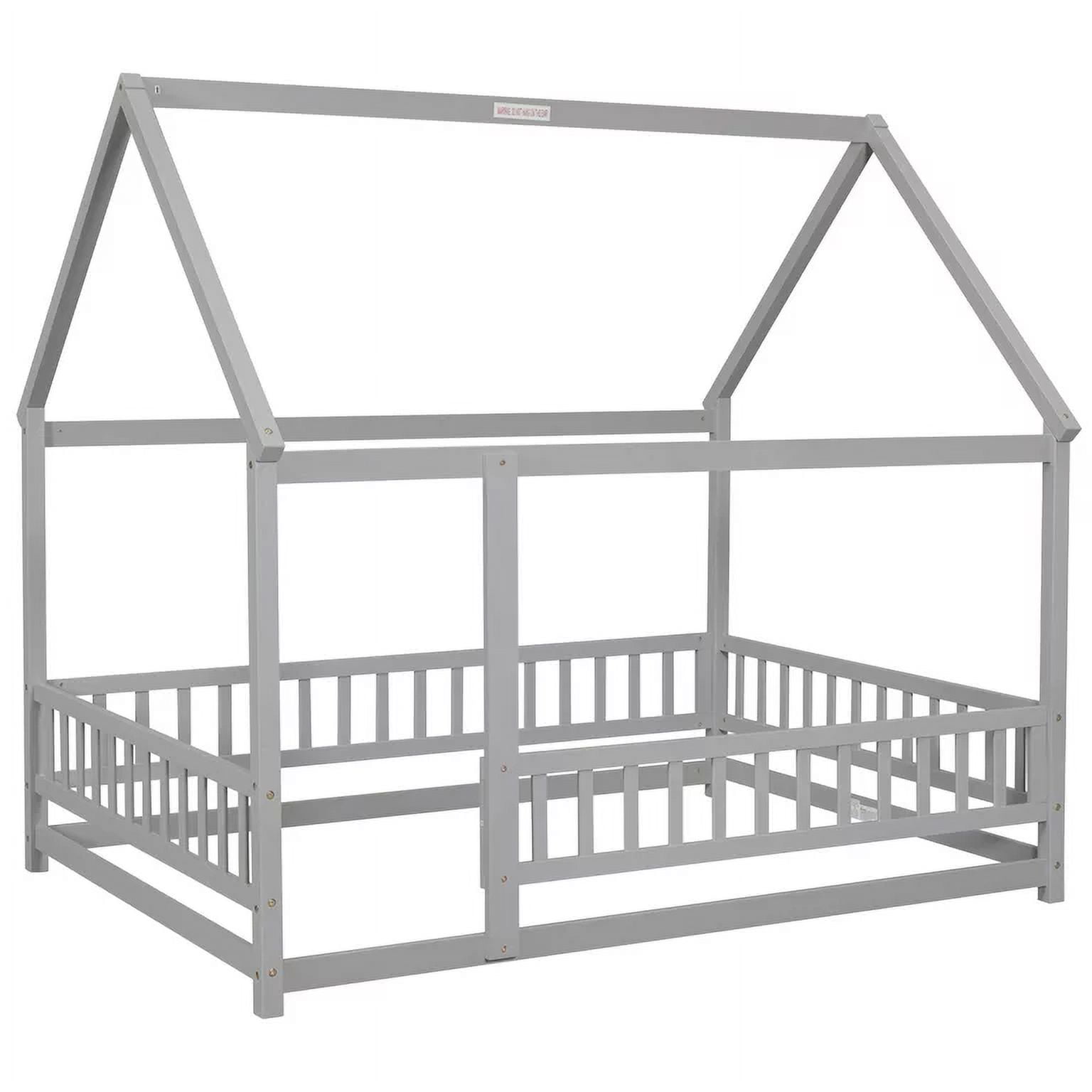Full Size House Floor Bed, Wood Montessori Bed Frame with Fence Guardrails, House Beds Frame No Box Spring Needed（Full, Gray)