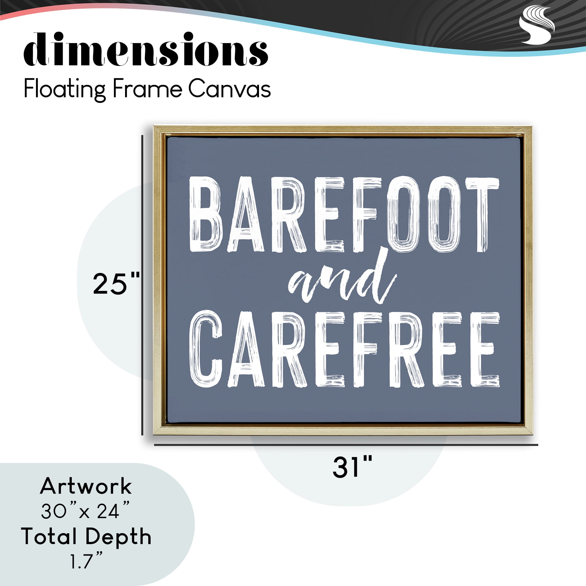 Barefoot & Carefree Blue Gold Framed Floater Canvas Wall Art, design by Lettered and Lined