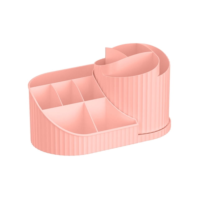 Pink Rotating Plastic Makeup Organizer With Drawer Style Clear Storage Compartment For Lipstick Cosmetics Skincare Brushes Countertop Dressing Table