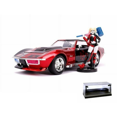 Diecast Car w/Display Case – 1969 Chevy Corvette Stingray with Harley Quinn Diecast Figure Candy Red and Black – Jada 31196/4 – 1/24 scale Diecast Model Toy Car