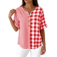thumbnail image 5 of Womens Cotton Linen Tops Summer Elbow Length Sleeve Tshirts for Women Striped Plaid Printed Ruffled Button V Neck Top, 5 of 6