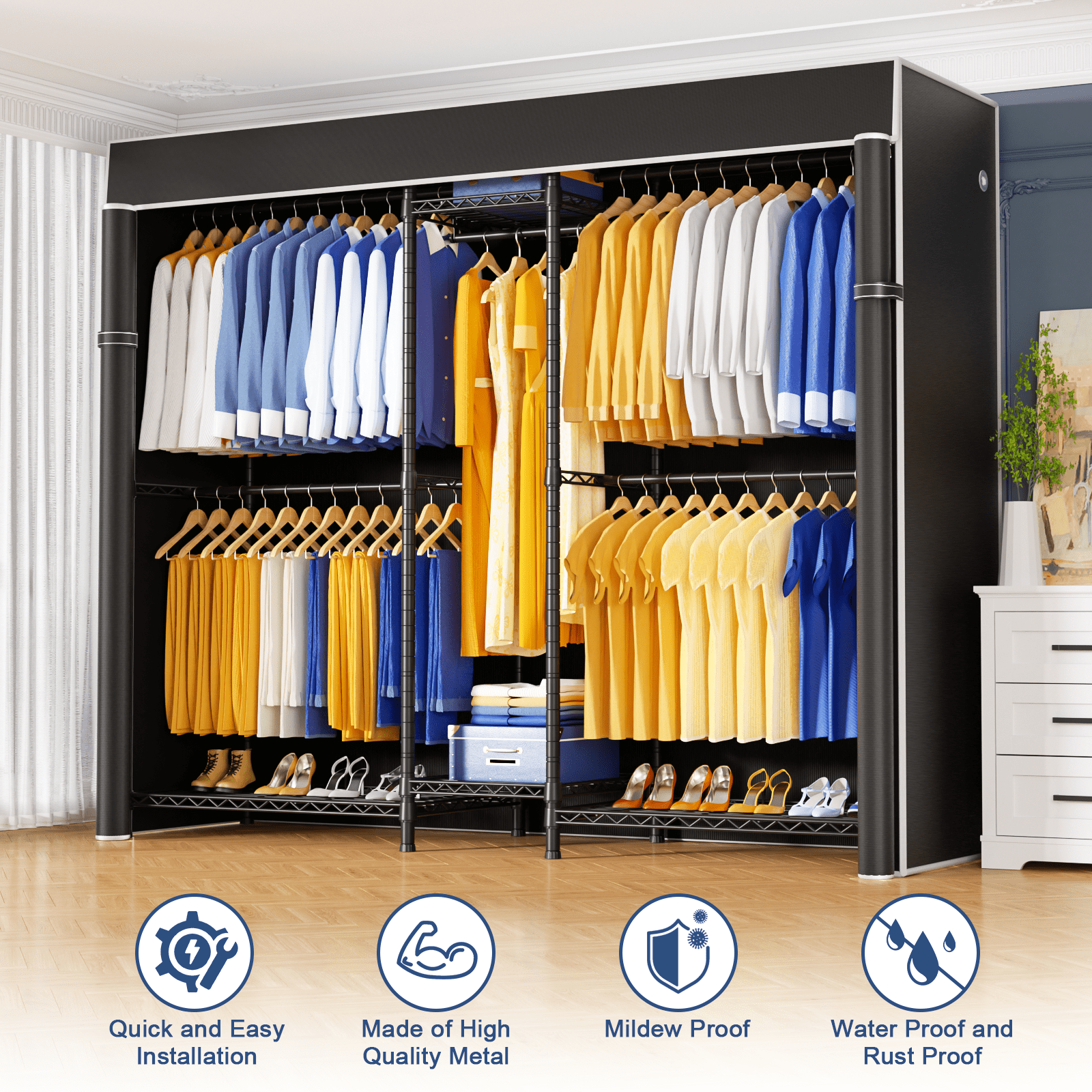 Ulif E12C Heavy Duty Closet Organizer System - Adjustable Garment Rack with Dustproof Cover, 960lbs Capacity Freestanding Clothing Rack (71"W x 76.5"H, Black/Grey)