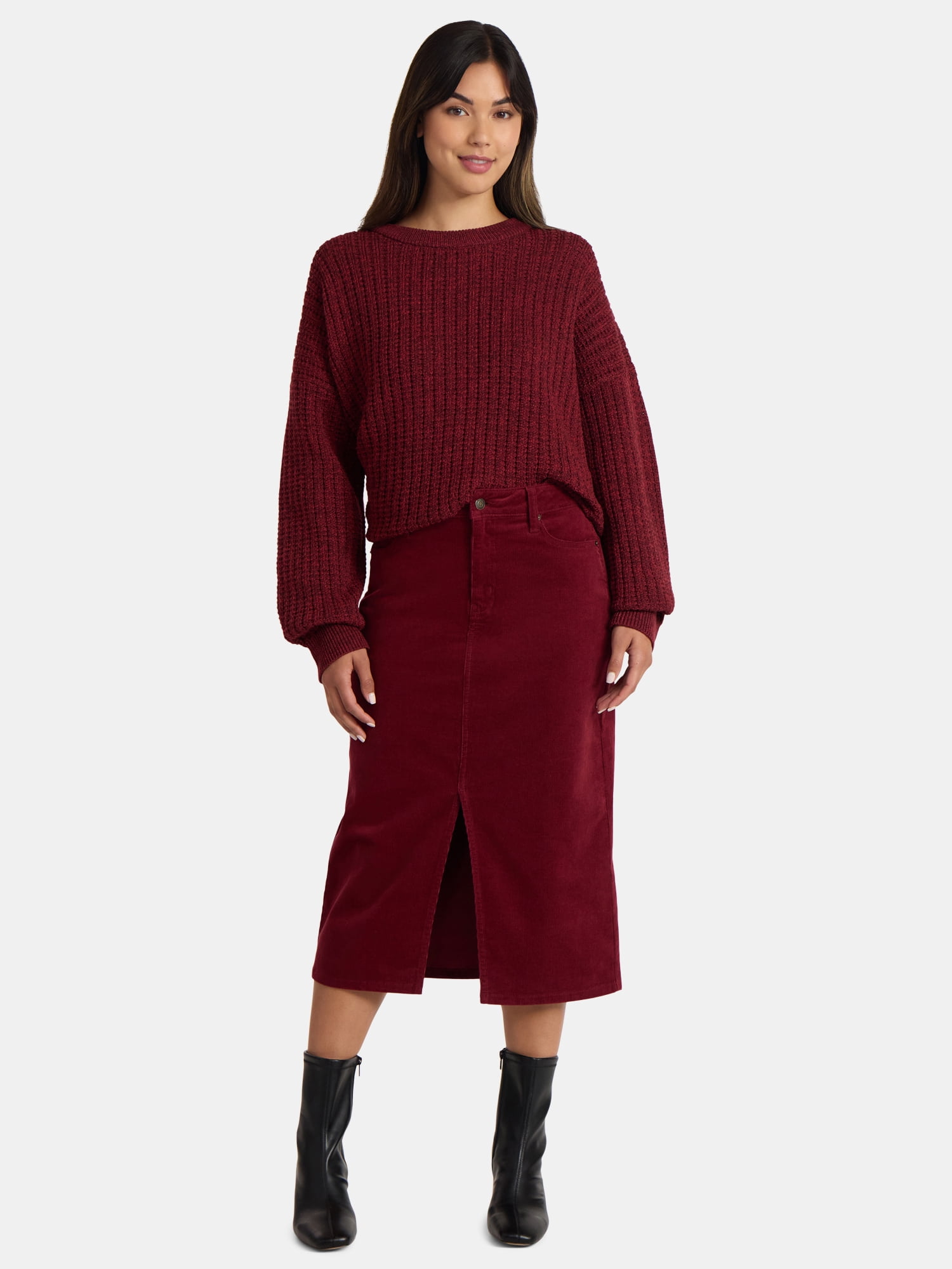 Time and Tru Women's Corduroy Midi Skirt with Front Slit, Sizes 0-20