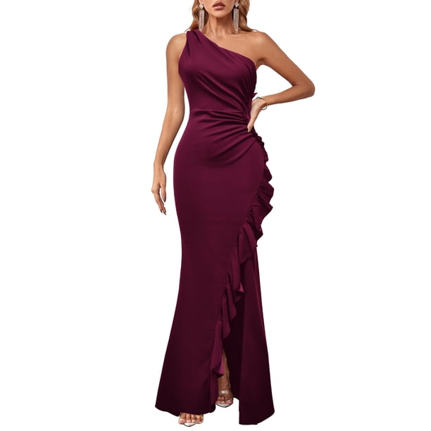 Women's One Shoulder Bodycon Midi Dress With Built-in Bra - Ruffle Hem Formal Evening Dress For Wedding Guest & Cocktail Parties