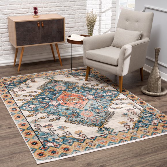 LaDole Rugs Tapis Traditionnel à Bordure Vintage Sarcelle Turquoise Ivoire Rouge Orange Tapis Salon Chambre Carpet Tapis 3x5 3x10 4x6 5x8 6x9 8x10 9x12